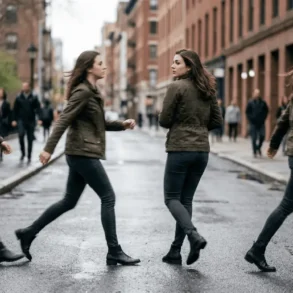 A woman in a green jacket and jeans is shown in four walking poses on a wet city street. The background features blurred city buildings and pedestrians.