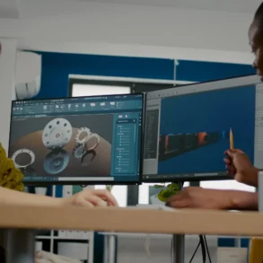 Two women collaborate at a desk with dual monitors displaying 3D design software. The setting is a modern office, with a focused, creative atmosphere.