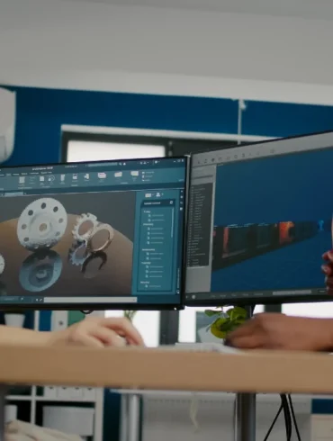 Two women collaborate at a desk with dual monitors displaying 3D design software. The setting is a modern office, with a focused, creative atmosphere.