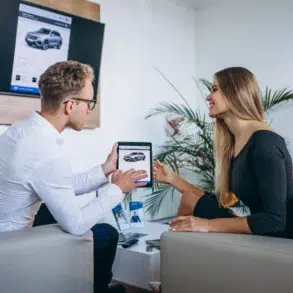 A man and woman sit in a modern office discussing a car on a tablet, smiling. A digital car display is on the wall. The atmosphere is professional yet friendly.