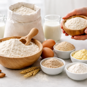 All Purpose Flour UK comparison with plain flour, strong flour, and baking substitutes on a kitchen counter
