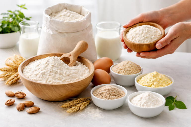 All Purpose Flour UK comparison with plain flour, strong flour, and baking substitutes on a kitchen counter