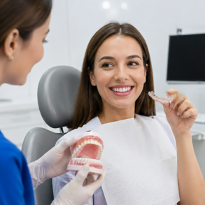 Adult patient smiling during a dental consultation about Alternatives to Braces for Adults and modern teeth straightening options