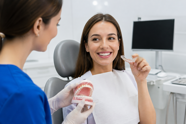 Adult patient smiling during a dental consultation about Alternatives to Braces for Adults and modern teeth straightening options