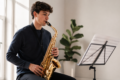 Beginner learning Alto Saxophone with proper posture and focused practice in a music room