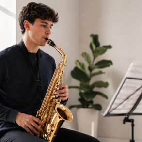 Beginner learning Alto Saxophone with proper posture and focused practice in a music room
