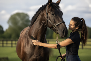 BK Horse standing calmly in a paddock during daily grooming and care routine