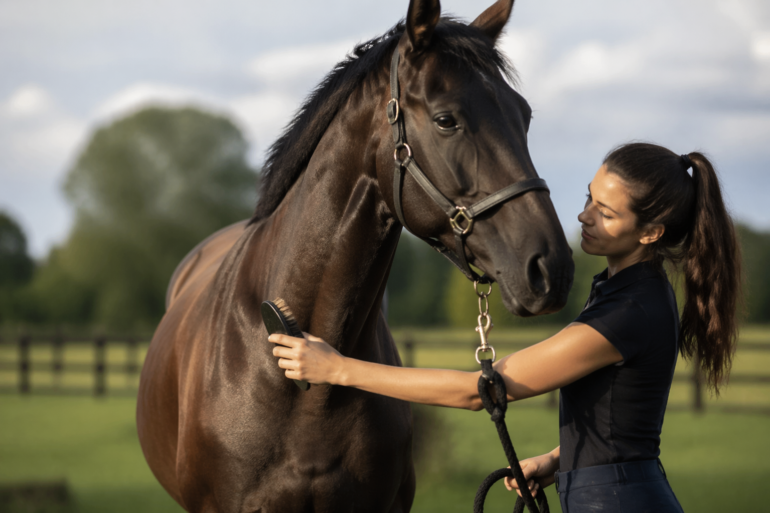 BK Horse standing calmly in a paddock during daily grooming and care routine