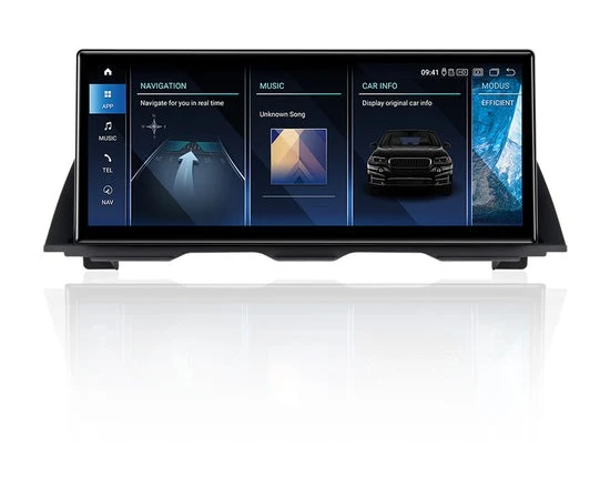 A car's dashboard display shows navigation, music, and car info apps. The screen is divided into sections with icons and images, set on a glossy black panel.