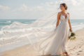 Bride wearing one of the Beach Wedding Dresses by the sea during a romantic coastal wedding ceremony