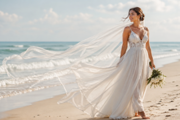 Bride wearing one of the Beach Wedding Dresses by the sea during a romantic coastal wedding ceremony