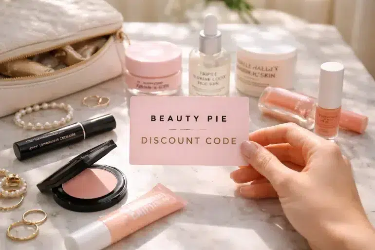 A collection of luxury Beauty Pie skincare and makeup products on a vanity, representing a membership haul saved by using a Beauty Pie discount code.