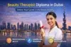 Woman holding diploma with Dubai skyline in background, promoting Beauty Therapist Diploma with skills, training, and global recognition.