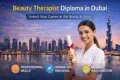 Woman holding diploma with Dubai skyline in background, promoting Beauty Therapist Diploma with skills, training, and global recognition.