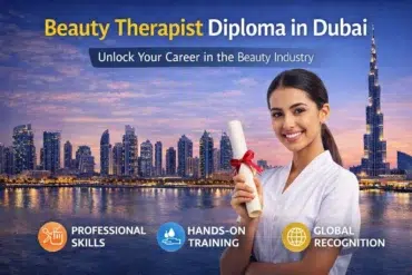 Woman holding diploma with Dubai skyline in background, promoting Beauty Therapist Diploma with skills, training, and global recognition.