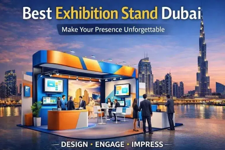 A modern exhibition stand with people interacting, set against a Dubai skyline at sunset.