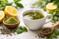 Best Green Tea served hot with fresh green tea leaves on a clean wooden table