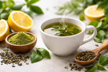 Best Green Tea served hot with fresh green tea leaves on a clean wooden table