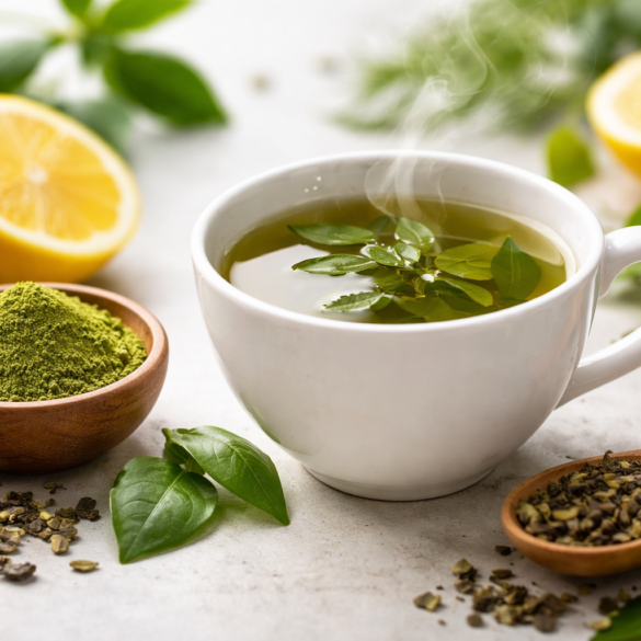 Best Green Tea served hot with fresh green tea leaves on a clean wooden table