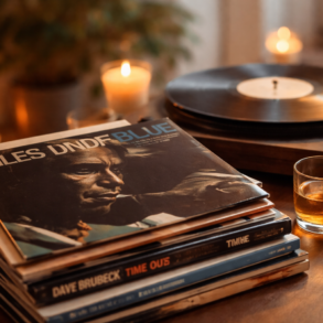 Best Jazz Albums for Beginners album listening setup with classic jazz records and a relaxed evening mood
