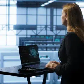 A woman in a black suit stands at a desk with a laptop, looking at data center servers. The atmosphere is professional and focused.