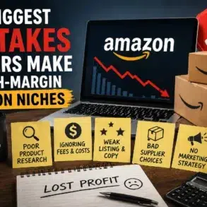 Image highlighting common mistakes Amazon sellers make, with sticky notes listing issues like poor product research and no marketing strategy. A downward graph is on a laptop.