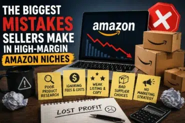 Image highlighting common mistakes Amazon sellers make, with sticky notes listing issues like poor product research and no marketing strategy. A downward graph is on a laptop.