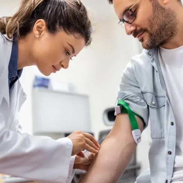 A healthcare professional draws blood from a man in a clinical setting. The man is seated and has a tourniquet on his arm. Both appear focused and calm.