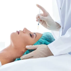A woman lies on a medical bed with eyes closed, wearing a blue surgical cap. A doctor in white coat and gloves prepares to inject her forehead.