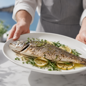 Whole Branzino Fish roasted with lemon, herbs, and olive oil on a serving platter