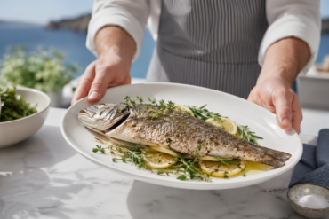 Whole Branzino Fish roasted with lemon, herbs, and olive oil on a serving platter