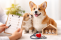 Breeding Corgi mother with healthy puppies in a safe home whelping area