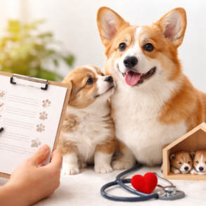 Breeding Corgi mother with healthy puppies in a safe home whelping area
