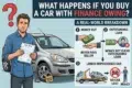 A worried man holding a car title, standing beside a car with a chain labeled "finance owing." A diagram explains car repossession risks when buying a car with unpaid loans.