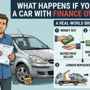 A worried man holding a car title, standing beside a car with a chain labeled "finance owing." A diagram explains car repossession risks when buying a car with unpaid loans.