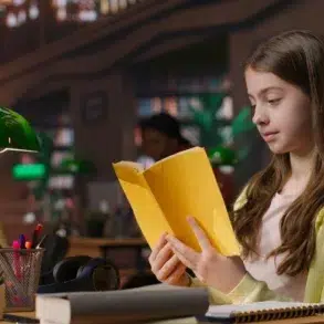 Young girl in a library reads a yellow book, illuminated by a green desk lamp. Her expression is focused. Background shows shelves filled with books.