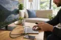 Cable HDMI and USB connected to a laptop, monitor, TV, charger, and external drive for streaming, charging, and file transfers
