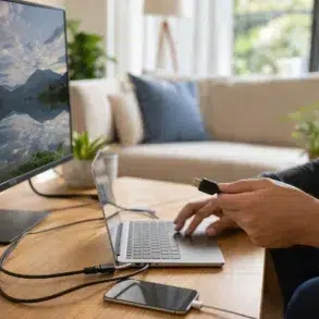 Cable HDMI and USB connected to a laptop, monitor, TV, charger, and external drive for streaming, charging, and file transfers