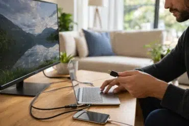 Cable HDMI and USB connected to a laptop, monitor, TV, charger, and external drive for streaming, charging, and file transfers
