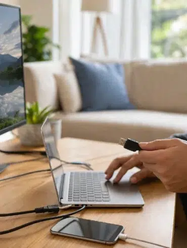 Cable HDMI and USB connected to a laptop, monitor, TV, charger, and external drive for streaming, charging, and file transfers