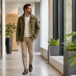 Camping Guide Workplace Styling outfit with outdoor-inspired office layers, utility jacket, tailored trousers, and practical workwear details