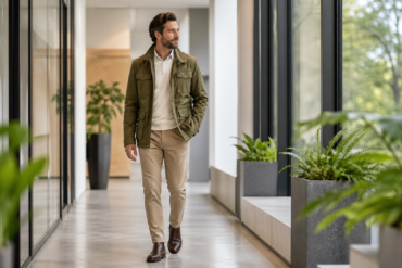 Camping Guide Workplace Styling outfit with outdoor-inspired office layers, utility jacket, tailored trousers, and practical workwear details