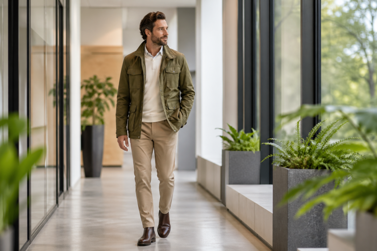 Camping Guide Workplace Styling outfit with outdoor-inspired office layers, utility jacket, tailored trousers, and practical workwear details