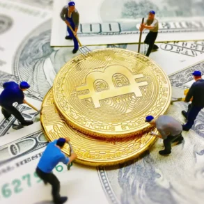 Figurines work on large stacked Bitcoin coins placed on US dollar bills. The scene conveys the concept of cryptocurrency mining and finance.