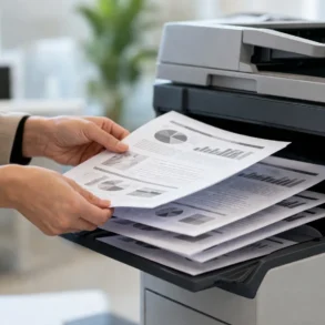 A modern office copier processing a collate printing job with offset stacked sets in the output tray.
