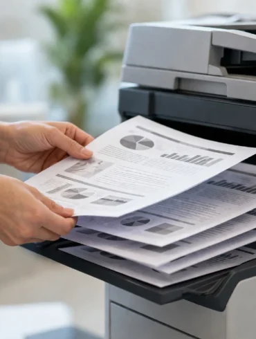 A modern office copier processing a collate printing job with offset stacked sets in the output tray.