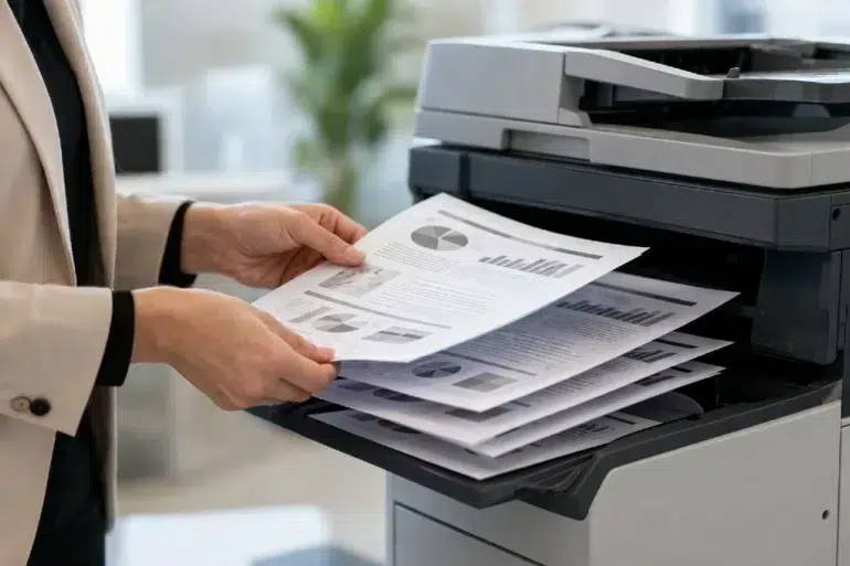A modern office copier processing a collate printing job with offset stacked sets in the output tray.