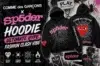Promotional image for a collaboration hoodie by COMME des GARÇONS x sp5der. Features bold text, spider web designs, and a red heart motif on black hoodies. Phrases like 'Ultimate Hype' and 'Fashion Clash Vibe' emphasize trendiness. Symbols include an iconic heart, spider, and flames, suggesting energy and culture.
