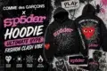 Promotional image for a collaboration hoodie by COMME des GARÇONS x sp5der. Features bold text, spider web designs, and a red heart motif on black hoodies. Phrases like 'Ultimate Hype' and 'Fashion Clash Vibe' emphasize trendiness. Symbols include an iconic heart, spider, and flames, suggesting energy and culture.