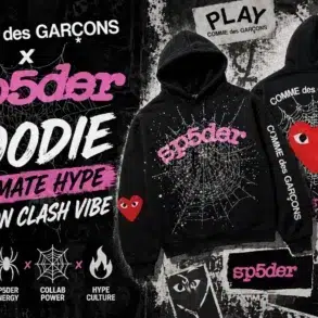 Promotional image for a collaboration hoodie by COMME des GARÇONS x sp5der. Features bold text, spider web designs, and a red heart motif on black hoodies. Phrases like 'Ultimate Hype' and 'Fashion Clash Vibe' emphasize trendiness. Symbols include an iconic heart, spider, and flames, suggesting energy and culture.